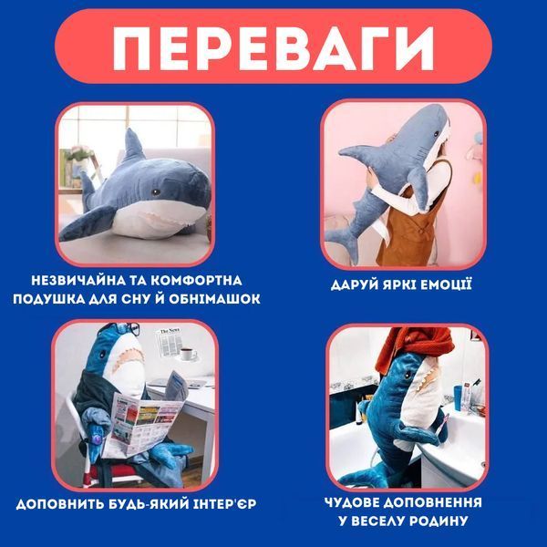 Акула подушка з Ікеї 60см плюшева м'яка іграшка, Синя АС60 фото